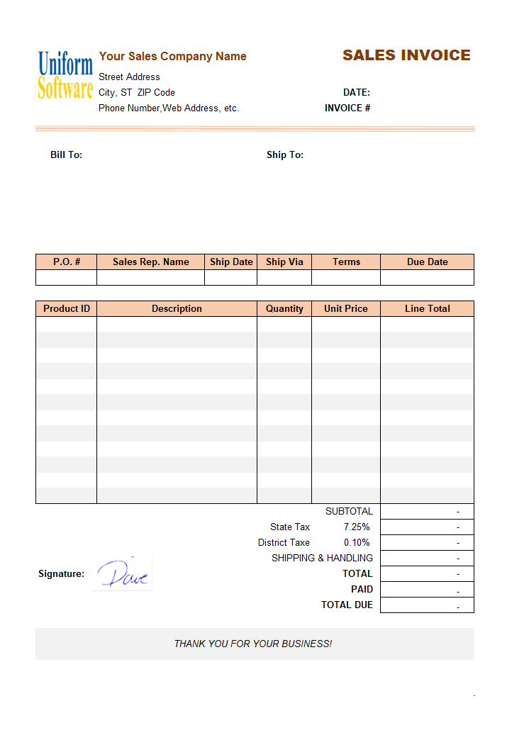 Sample Sales Invoice Template: Using Handwriting Signature