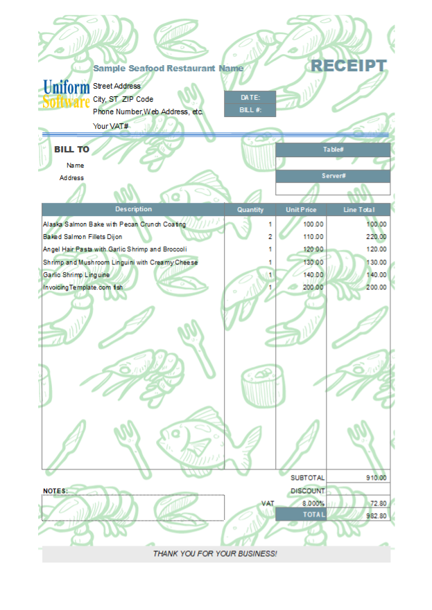 Receipt Template for Seafood Restaurant