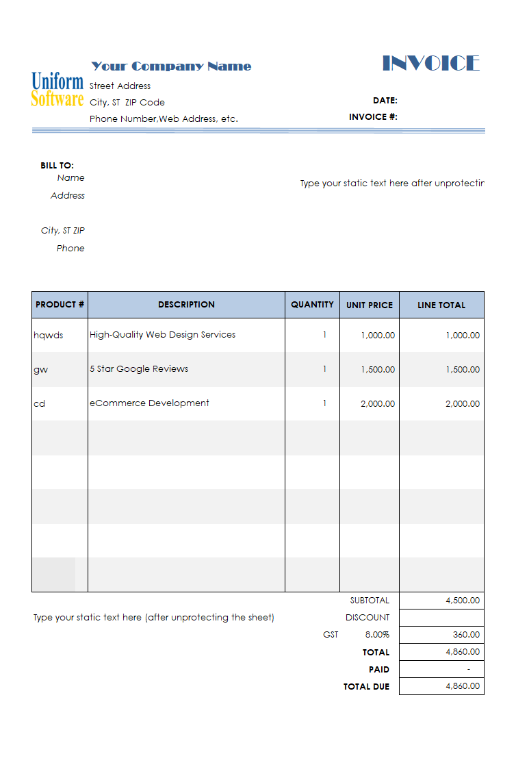 Service Invoice Form with Discount Amount
