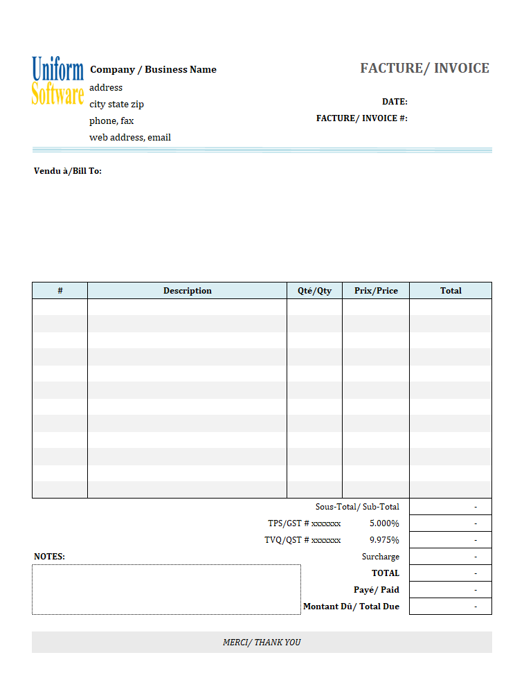 General Service Invoicing Form in French