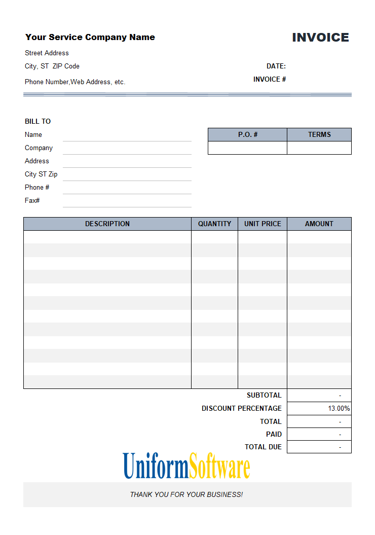 Service Billing Form with Discount Percentage