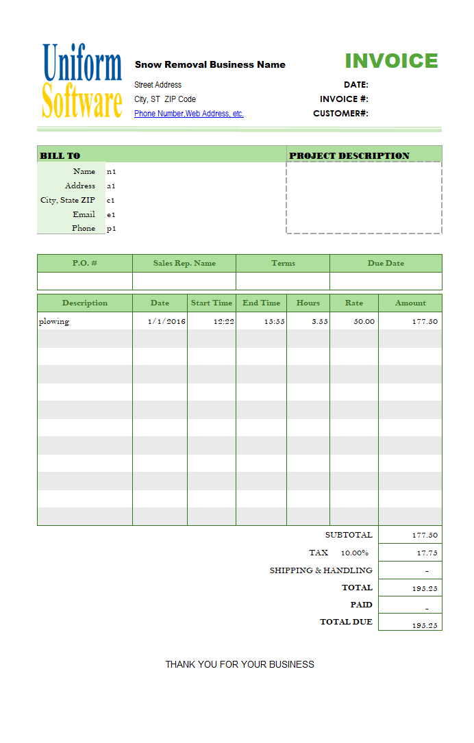 Snow Plowing Invoice Template