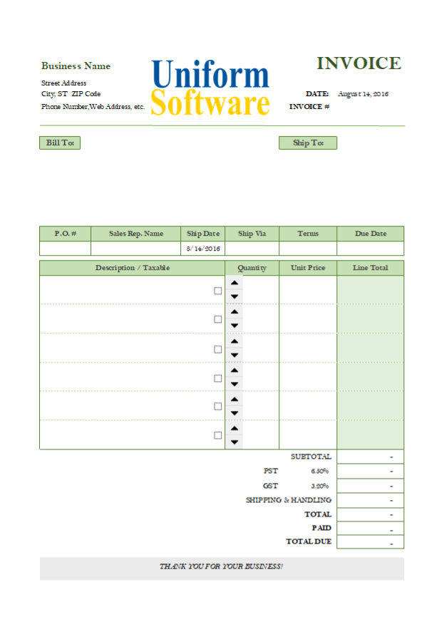 Sample Invoice Template with Spin Button