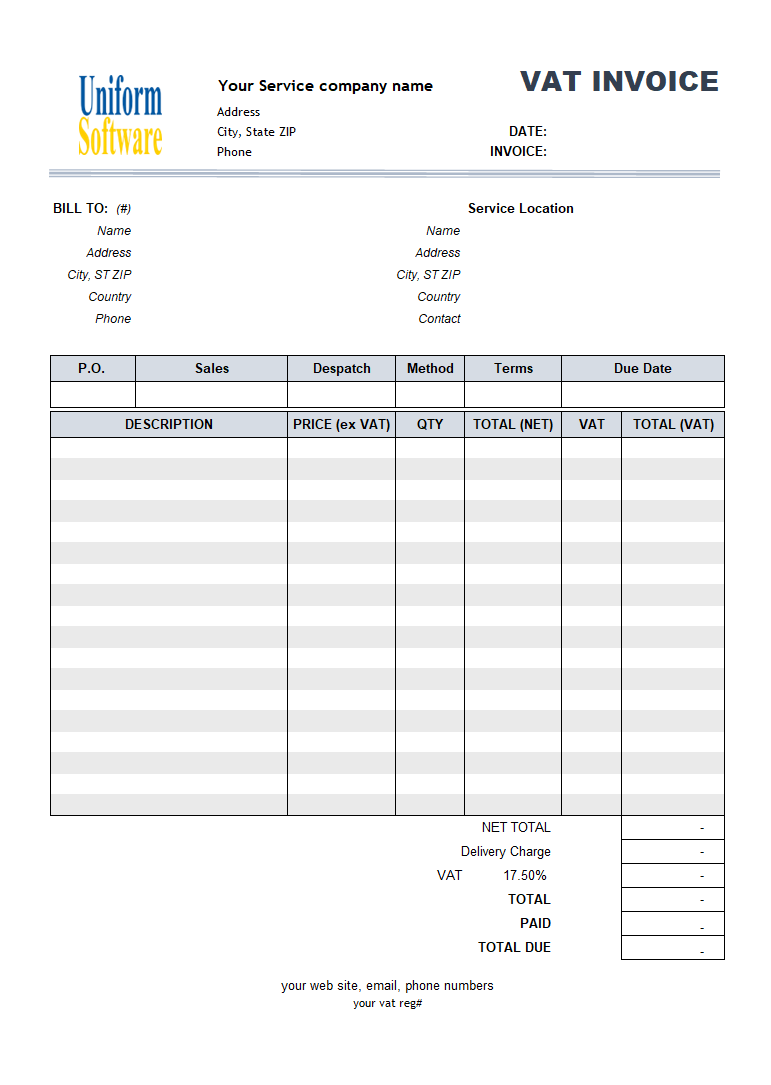 VAT Service Invoice Template - Price Excluding Tax