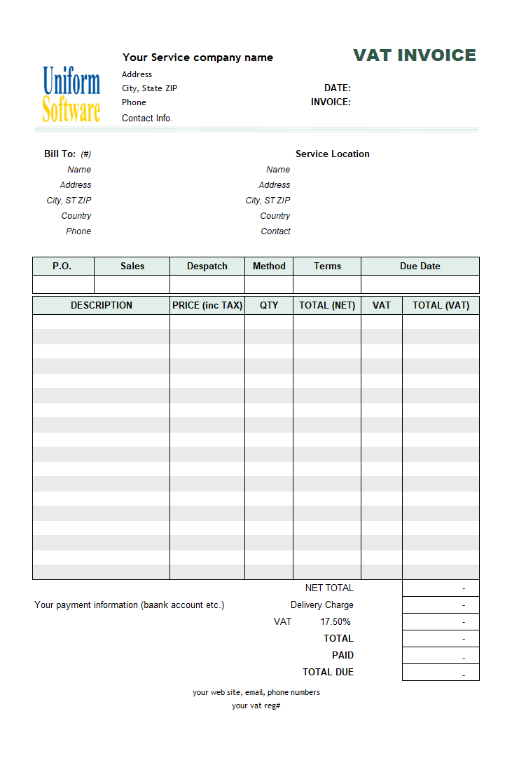 VAT Service Invoicing Template - Price Including Tax